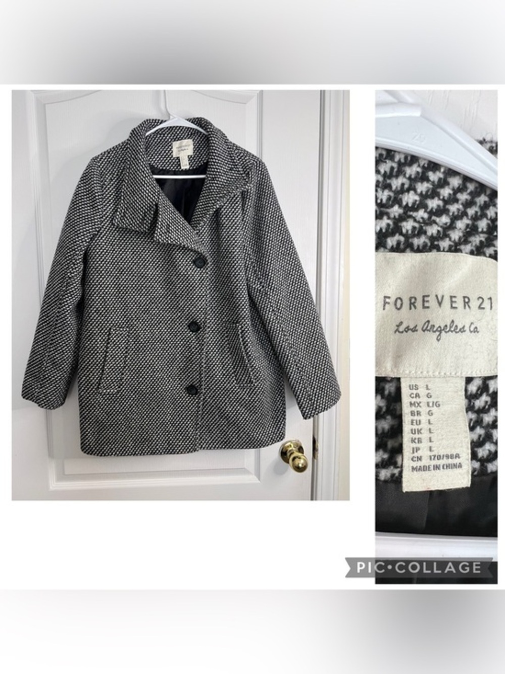 Forever 21 houndstooth pea coat with a button-up front and textured size L